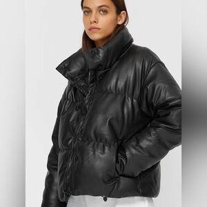 Zenana Women's Black Faux Leather Puffer Jacket